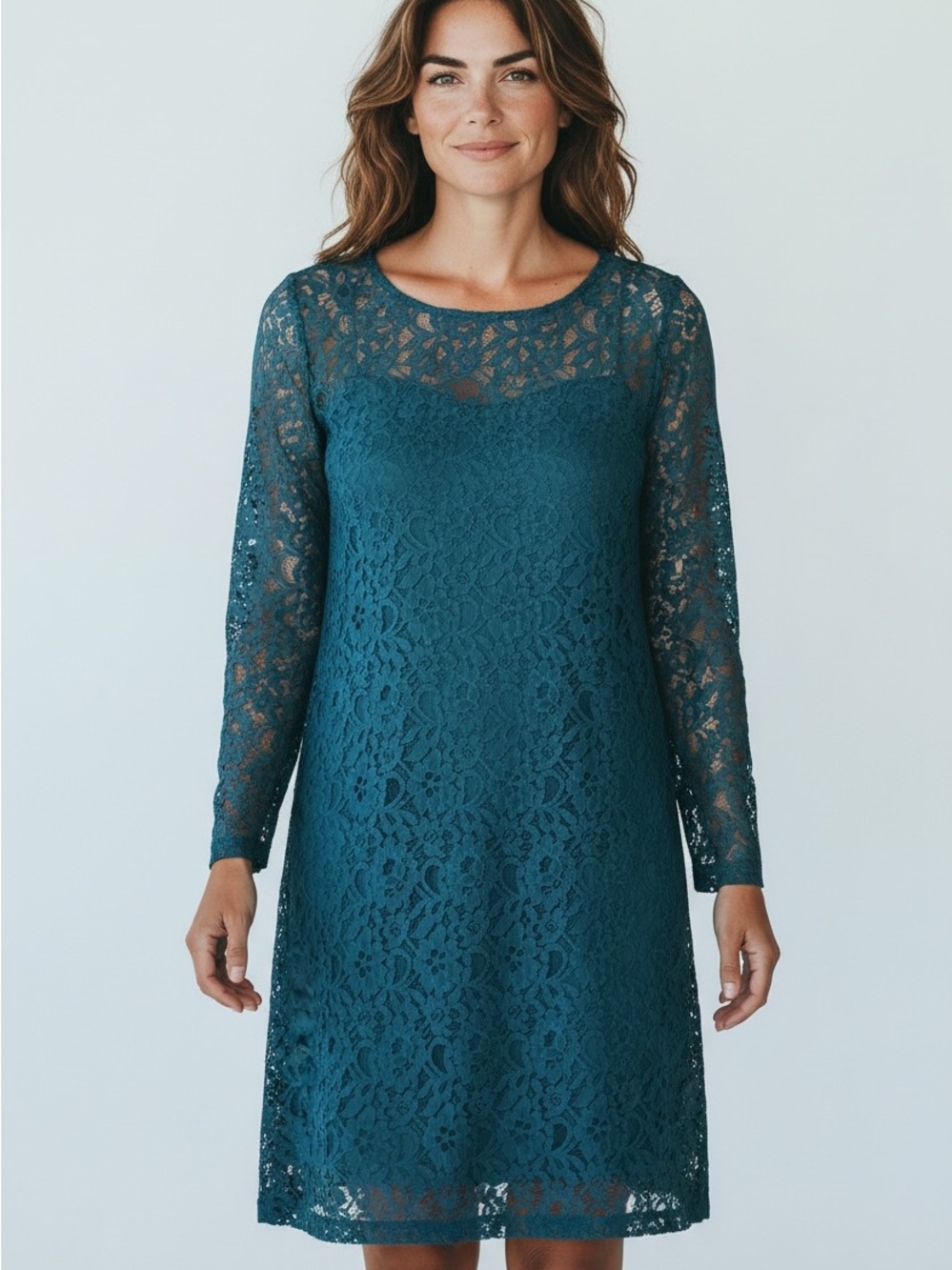 Jessica London Teal Lace Long-Sleeve A-Line Dress